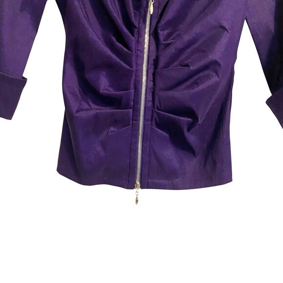 Joseph Ribkoff Top Womens 4 Purple Cocktail Evening Shiny Full Zip Up Gathered - Picture 3 of 8